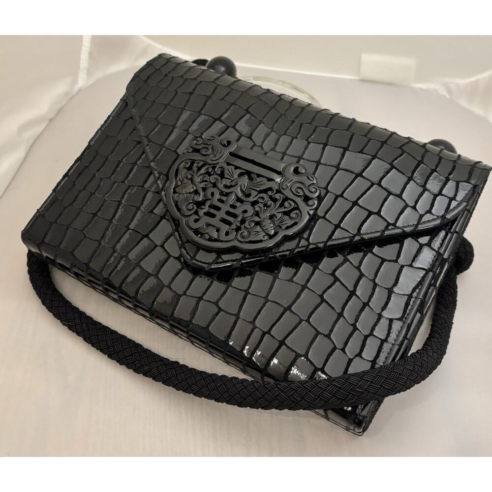 Vintage Rafael Sanchez Black Croc Embossed Leather w/Carved Black Jade BAG/PURSE